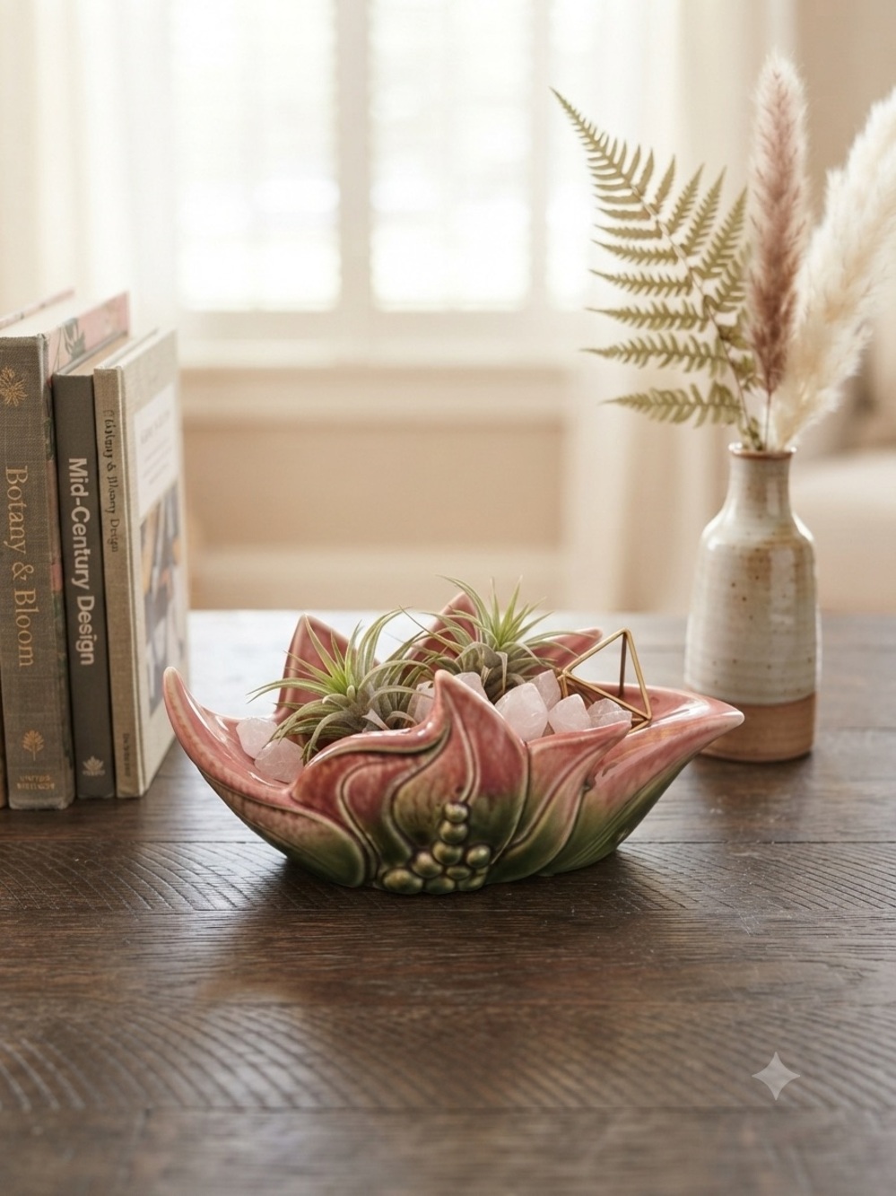 Vintage Ceramic Lotus Flower Planter Trinket Dish Pink & Green Water Lily Bowl